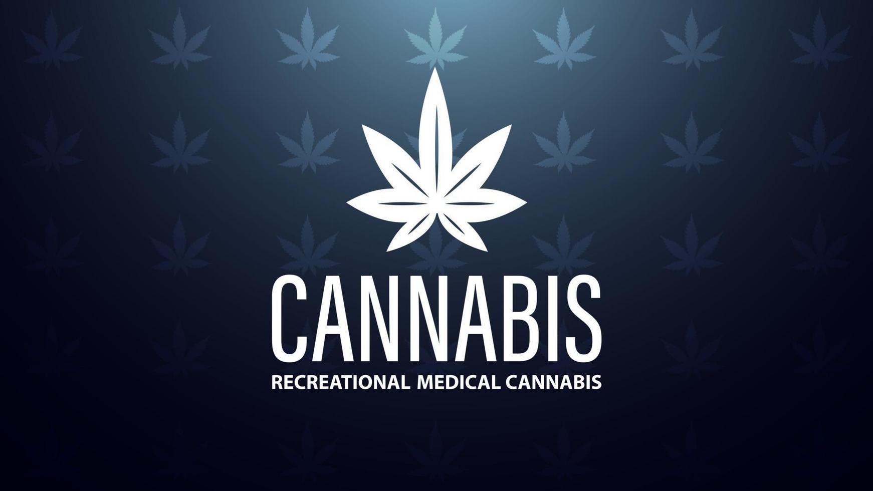 logotipo da cannabis feito de folha de maconha em fundo azul com textura de folhas de cannabis vetor