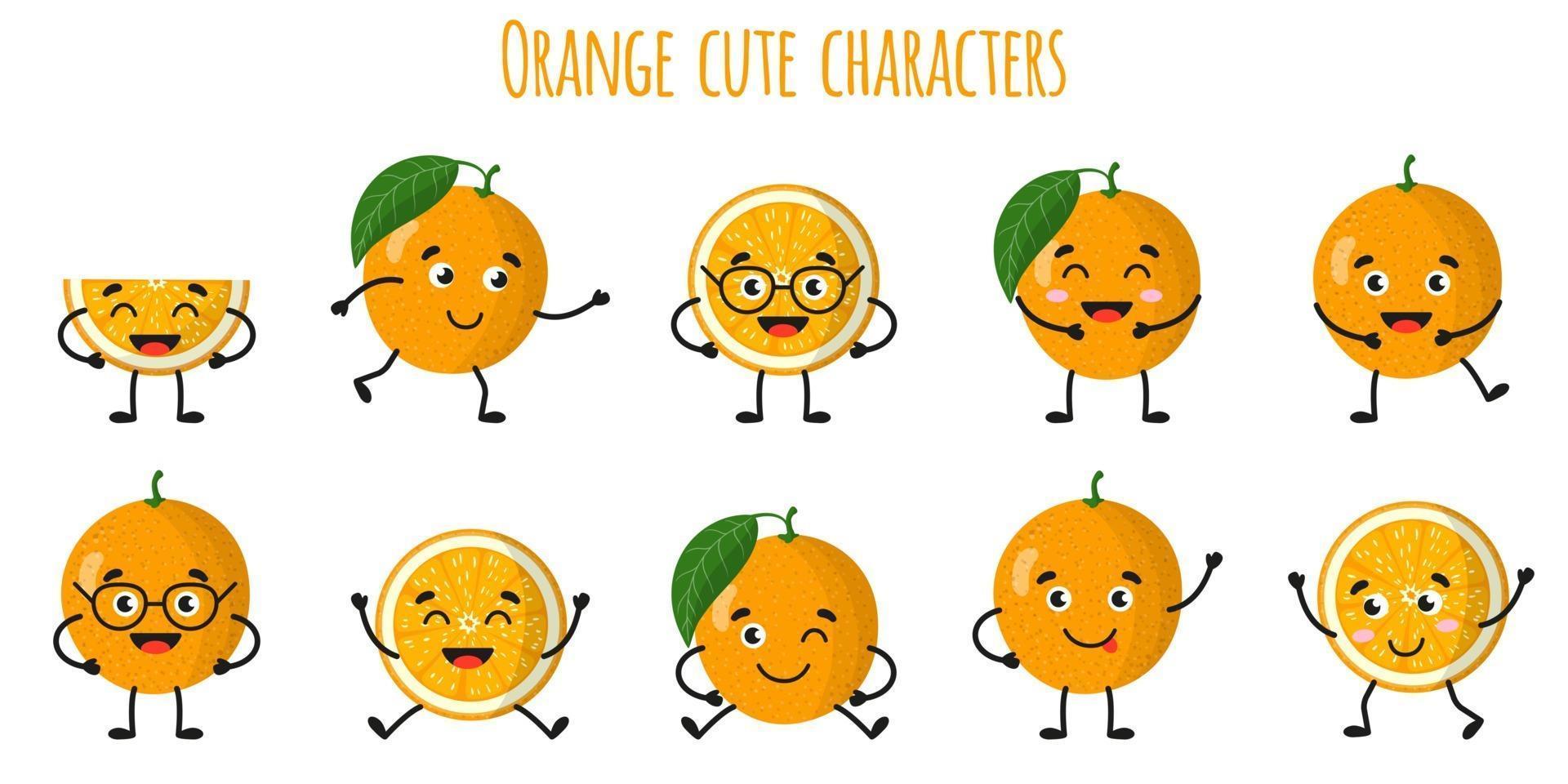 laranja cítricos bonitos engraçados alegres personagens com diferentes poses e emoções. vetor