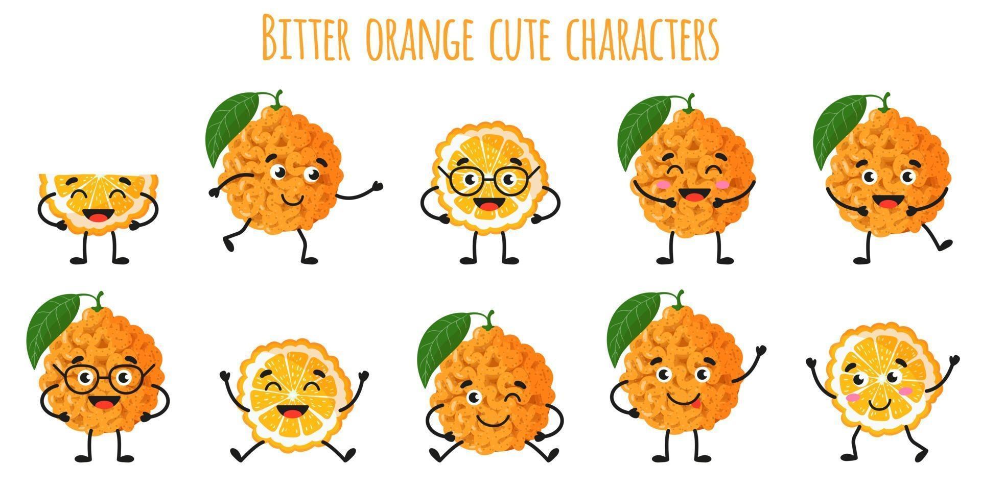 frutas cítricas laranja amarga giros personagens alegres com diferentes poses e emoções. vetor