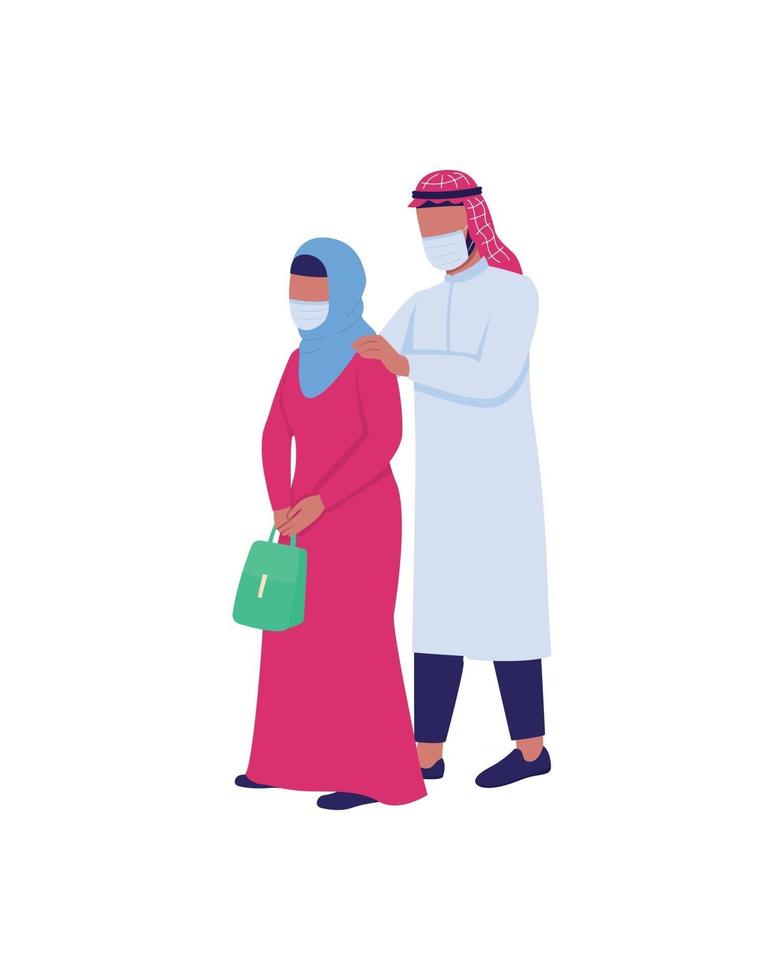 marido e mulher árabes em máscaras médicas, vetor de cores planas, personagens sem rosto