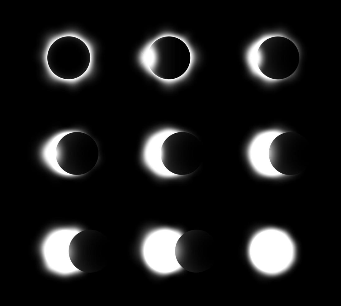 diferentes fases do eclipse solar e lunar. vetor. vetor