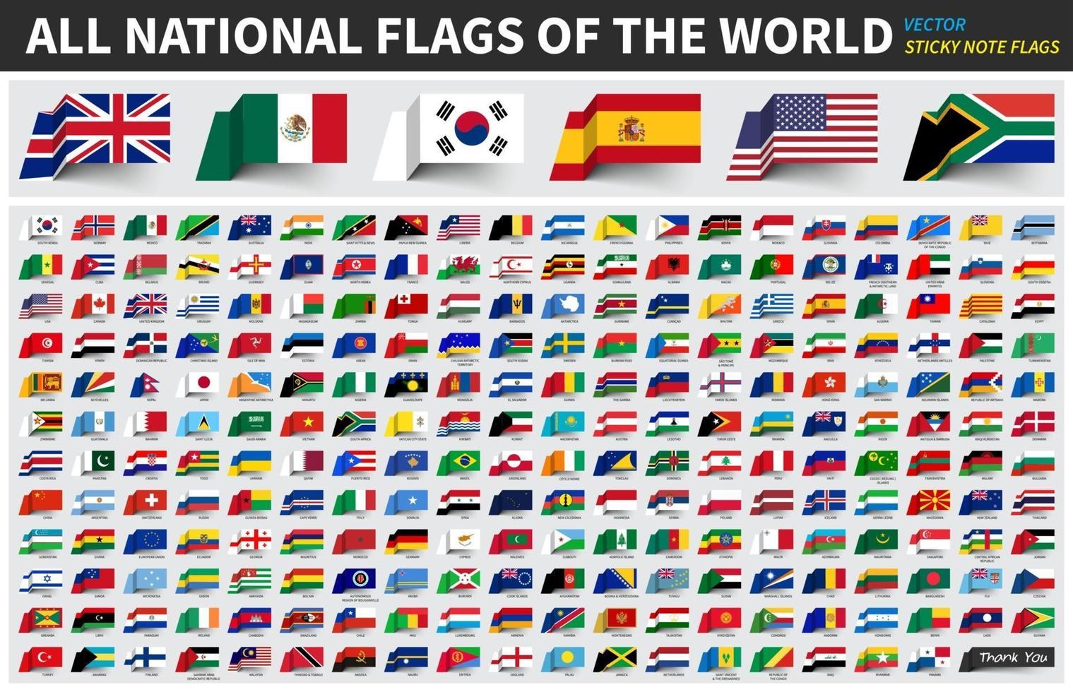 todas as bandeiras nacionais oficiais do mundo. design de nota adesiva. vetor. vetor