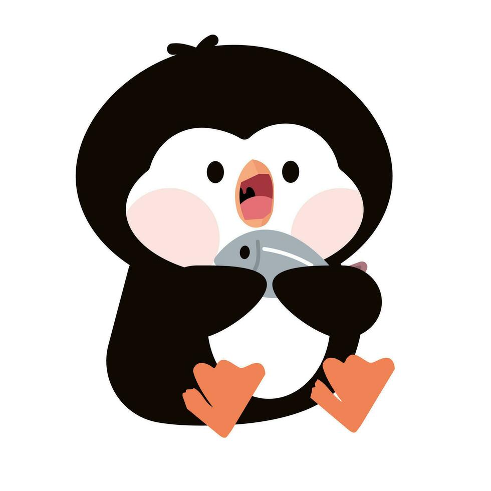 fofa pinguim comendo peixe desenho animado vetor