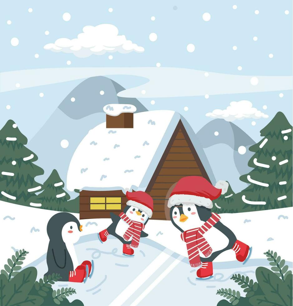 pinguim gelo patinação ao ar livre em neve vetor