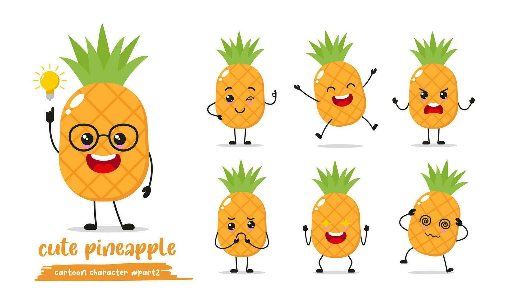 abacaxi desenho animado com muitos expressões. diferente fruta atividade vetor ilustração plano Projeto. inteligente abacaxi para crianças história livro.