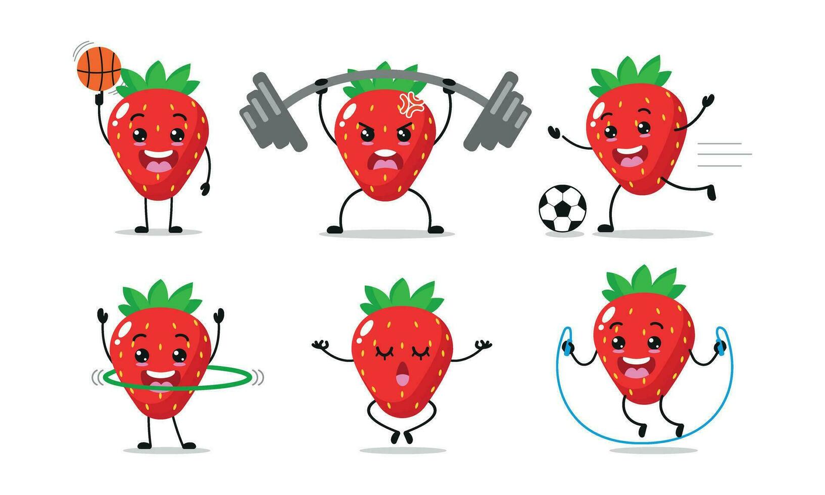 morango fruta exercício diferente esporte atividade vetor ilustração adesivo. fruta diferente face expressão definir.