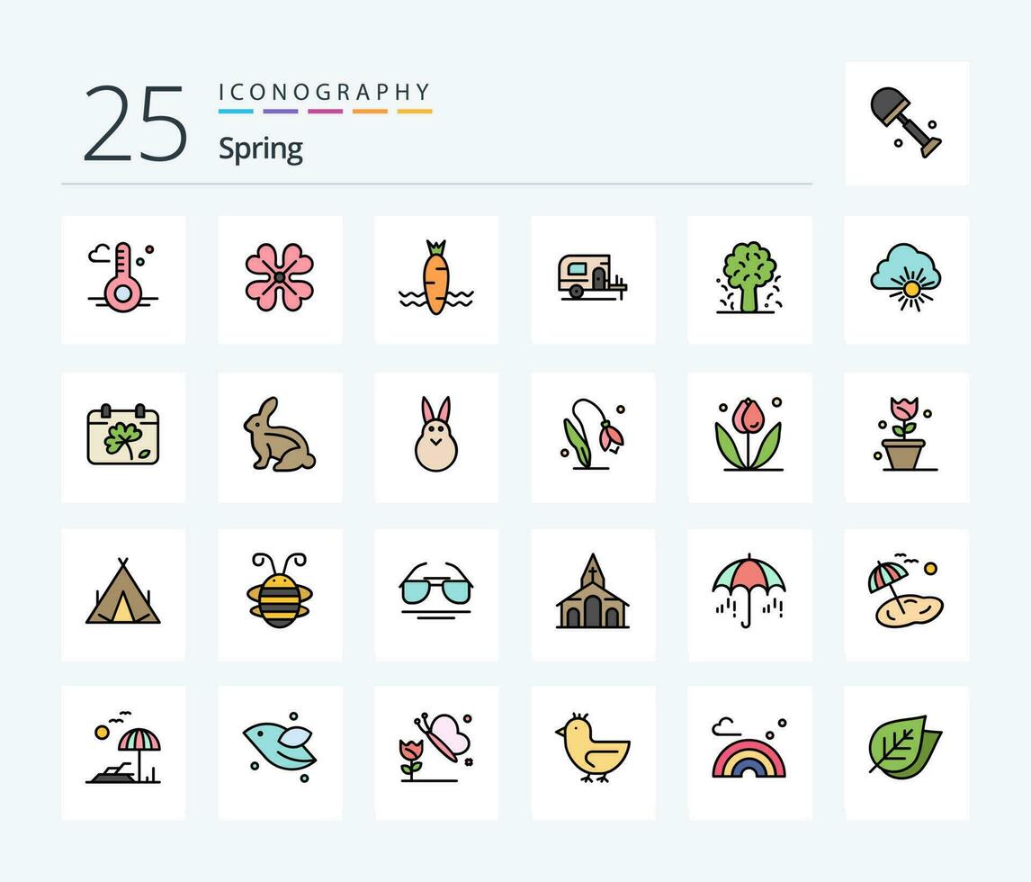 Primavera 25 linha preenchidas ícone pacote Incluindo maçã árvore. árvore. cenoura. Primavera. carro vetor