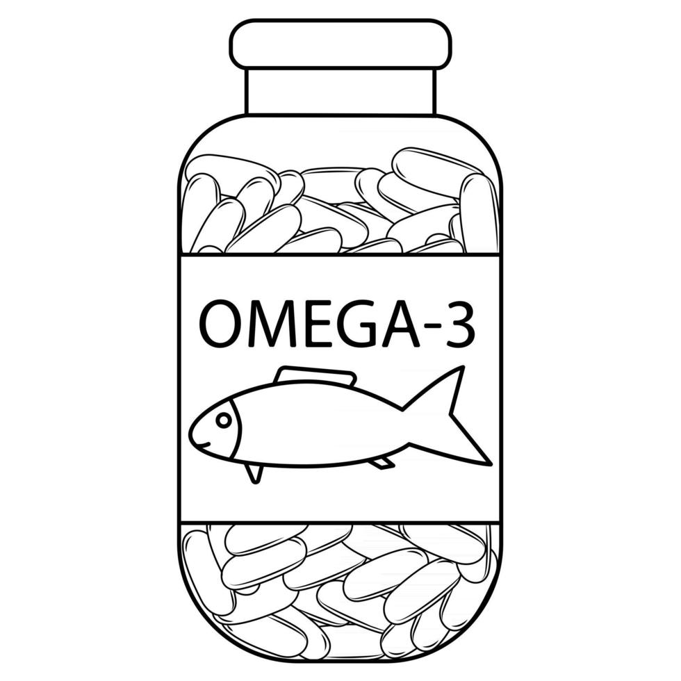 óleo de peixe. garrafa de contorno com cápsulas de óleo de peixe. cápsulas de vitaminas ômega 3. frasco com comprimidos de ômega 3 em estilo de contorno. vetor