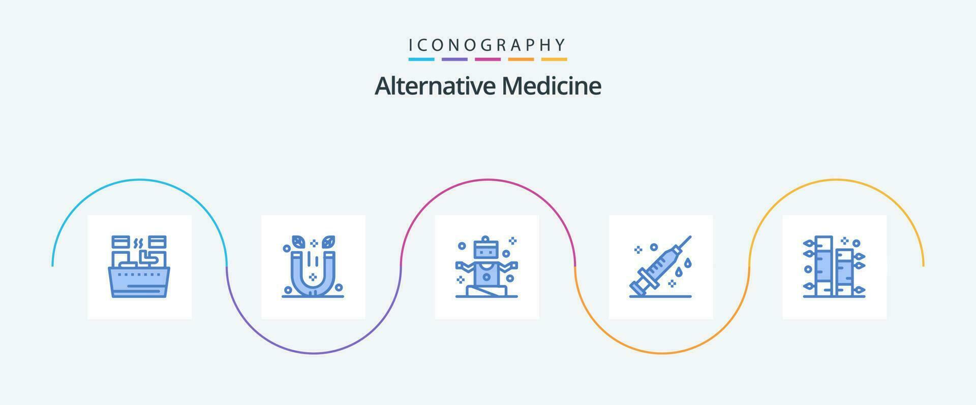 alternativo remédio azul 5 ícone pacote Incluindo botânico. vacina. exercício. seringa. cuidados de saúde vetor