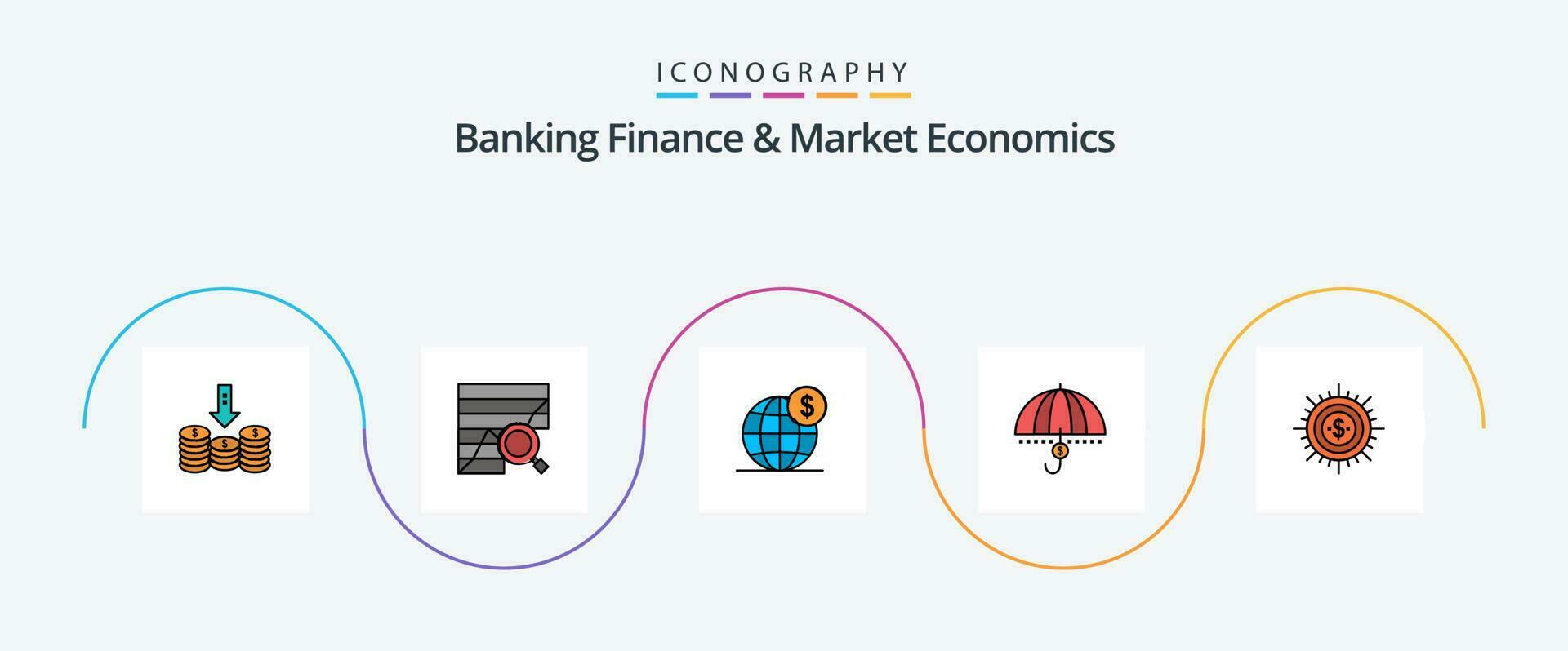 bancário finança e mercado economia linha preenchidas plano 5 ícone pacote Incluindo finança. internacional. gráfico. globo. global vetor
