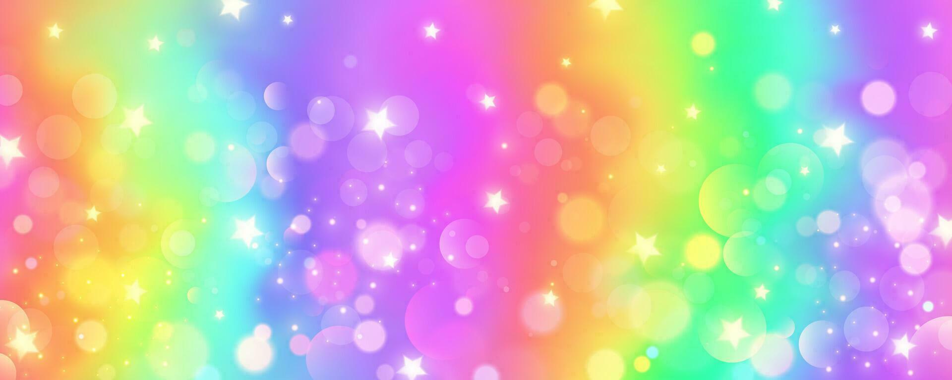 arco Iris unicórnio fundo. pastel Rosa cor céu com estrelas. holográfico fantasia impressão com bokeh. vetor papel de parede para Princesa menina Projeto.
