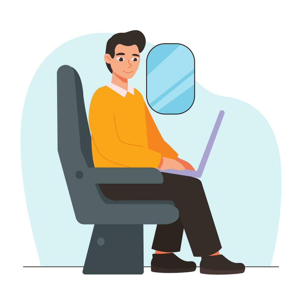 homem com uma computador portátil senta em uma avião ou trem. jornada. vetor gráfico.