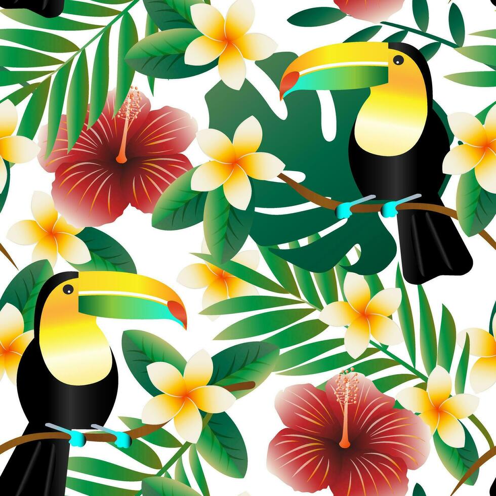 tropical floral desatado padronizar com tucanos. fofa plumeria e hibisco flores com Palma folhas e pássaros. vetor. vetor