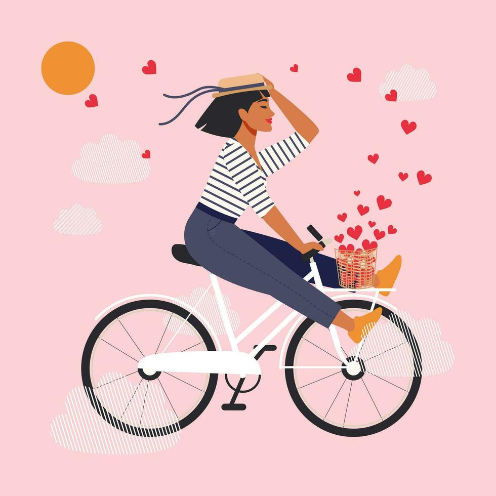 uma mulher dentro amor e uma feliz dentro uma listrado suéter e uma Palha chapéu em uma branco bicicleta sobe dentro a nuvens. uma fofa menina goza vida, verão e irradia positivo energia. vetor. vetor