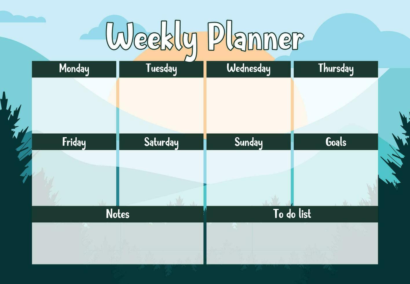 imprimível semanal planejador organizador modelo com montanha panorama fundo. semanal planejador, agendar, agenda, semanal visão geral, tarefas, semanal organizador. o negócio organizador página vetor ilustração