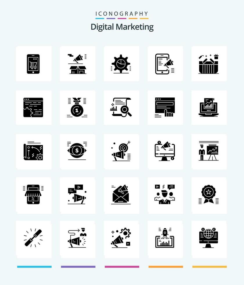 criativo digital marketing 25 glifo sólido Preto ícone pacote tal Como digital campanha. Estatisticas. caixa. configurações. engrenagem vetor