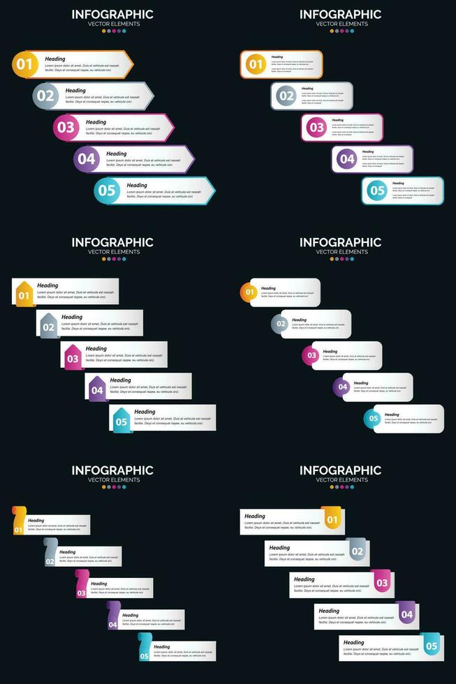 modelo de slide de apresentação de pacote de infográficos vetor 6 diagramas de ciclo de 5 etapas e linhas do tempo