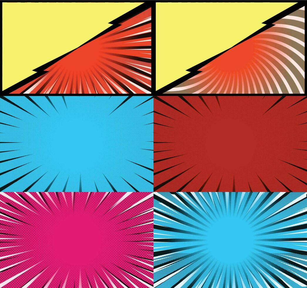 fundo de quadros coloridos de quadrinhos com raios de meio-tom radial e efeitos pontilhados estilo pop art vetor