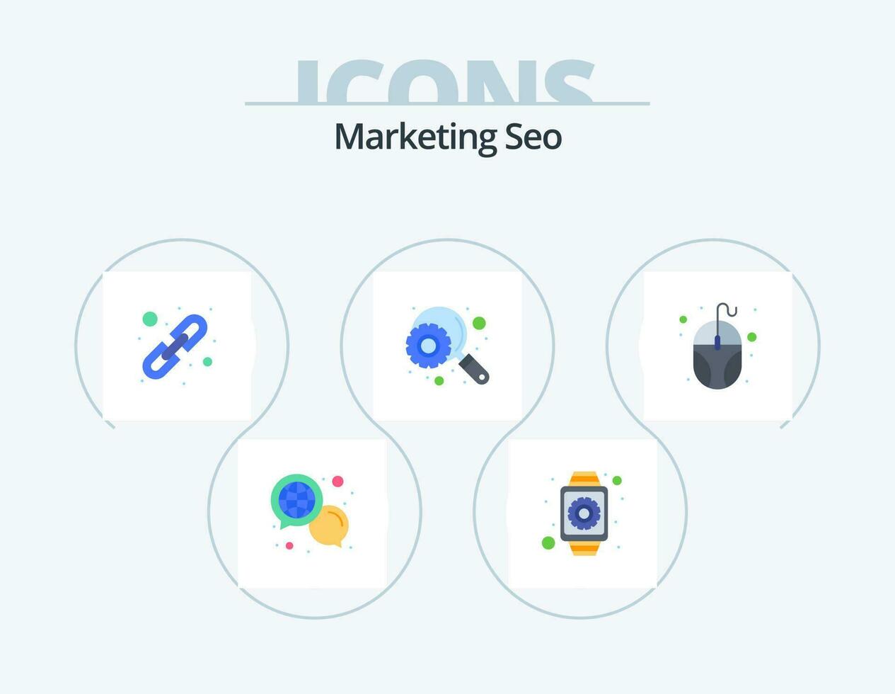 marketing seo plano ícone pacote 5 ícone Projeto. dados. procurar. inteligente assistir. otimização. lógico vinculação vetor