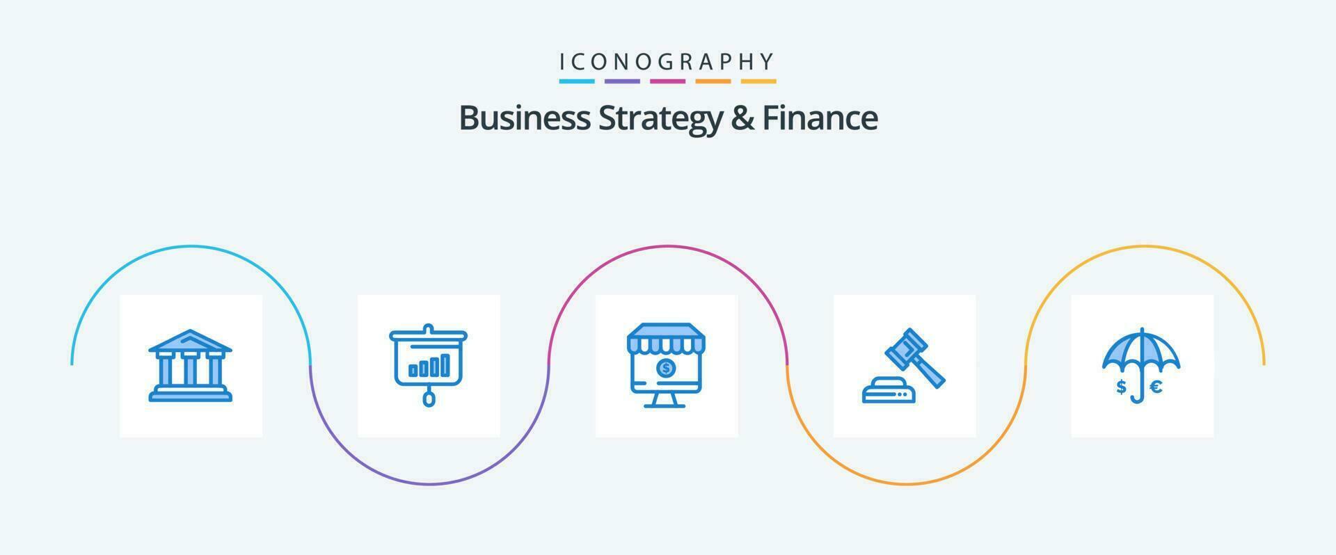 o negócio estratégia e finança azul 5 ícone pacote Incluindo lei. tribunal. Informação. comércio. computador vetor