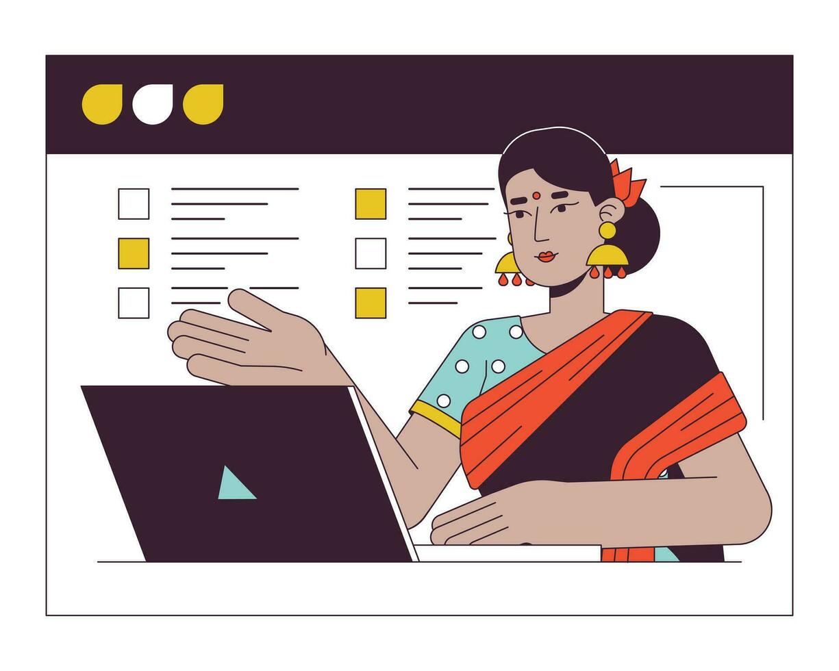 hindu mulher em rede conferência plano linha conceito vetor local ilustração. indiano senhora dentro conectados tela 2d desenho animado esboço personagem em branco para rede ui Projeto. editável isolado cor herói imagem