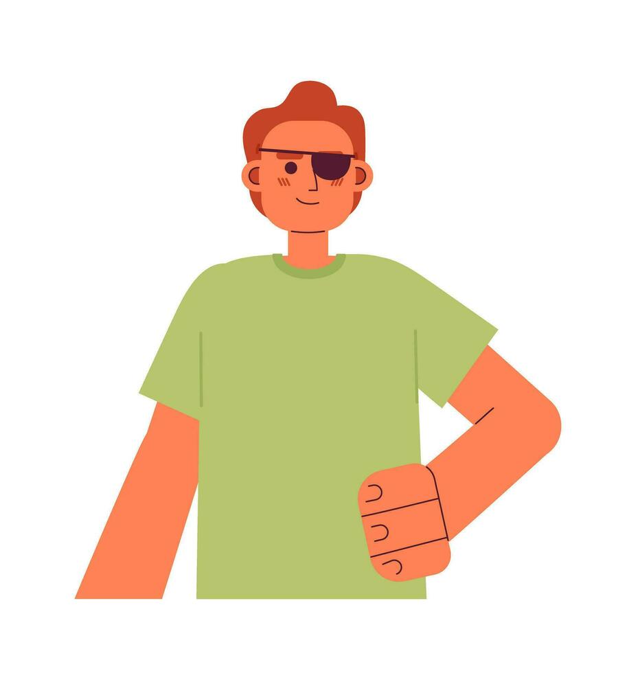 vermelho cabelos homem com de olhos vendados em olho semi plano cor vetor personagem. editável metade corpo confiante homem com incapacidade em branco. simples desenho animado local ilustração para rede gráfico Projeto