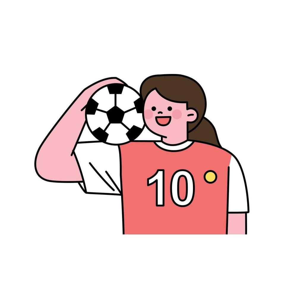 uma menina dentro uma futebol uniforme com uma bola em dela ombro. esboço simples vetor ilustração.