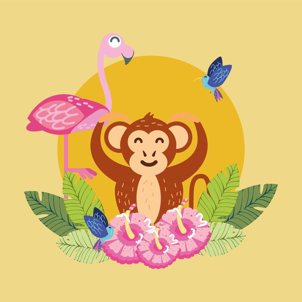 macaco, flamingo e flores vetor