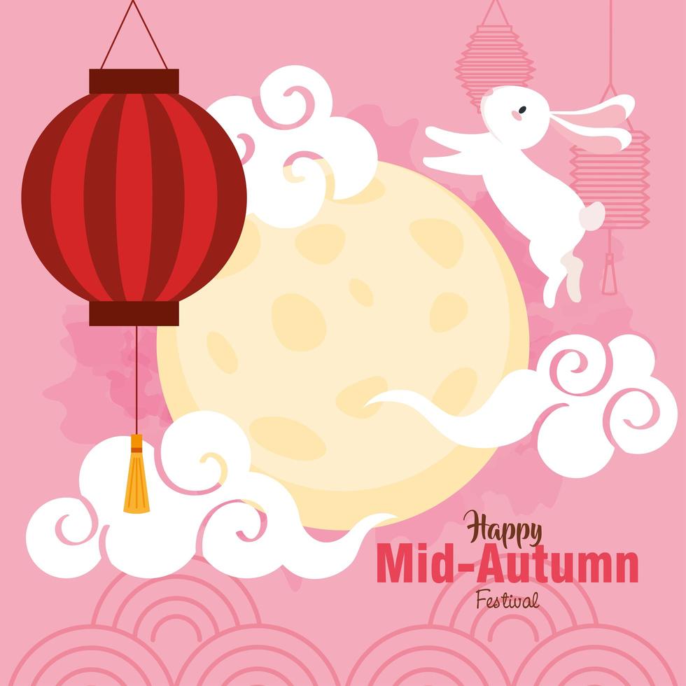 festival chinês de meados do outono com coelho, lua cheia, nuvens e lanternas penduradas vetor