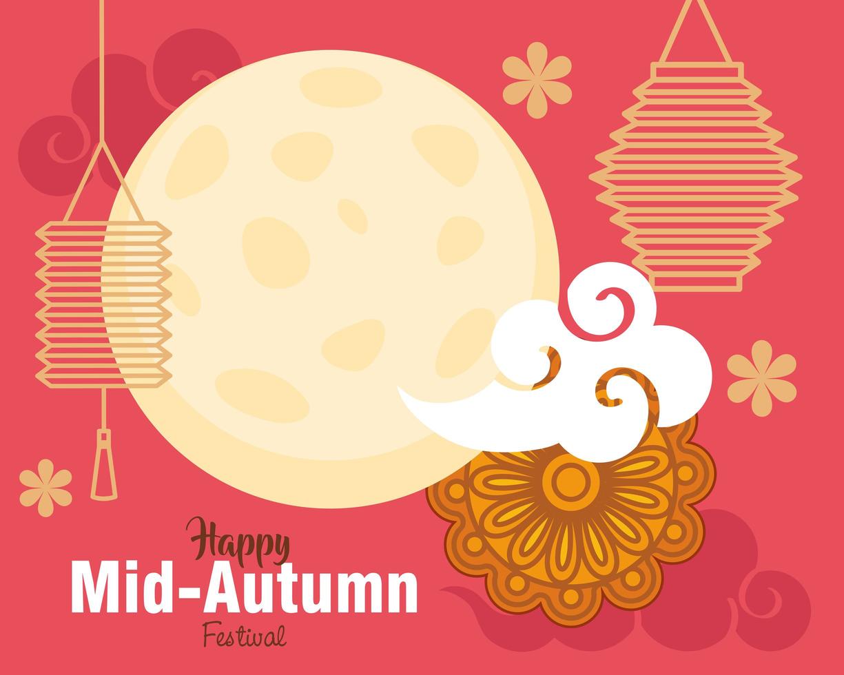festival de outono chinês com lua cheia, nuvens e decoração vetor