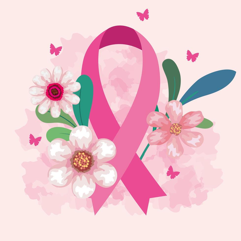 símbolo do mês mundial de conscientização do câncer de mama em outubro com  fita rosa, flores, folhas e borboletas 2619828 Vetor no Vecteezy