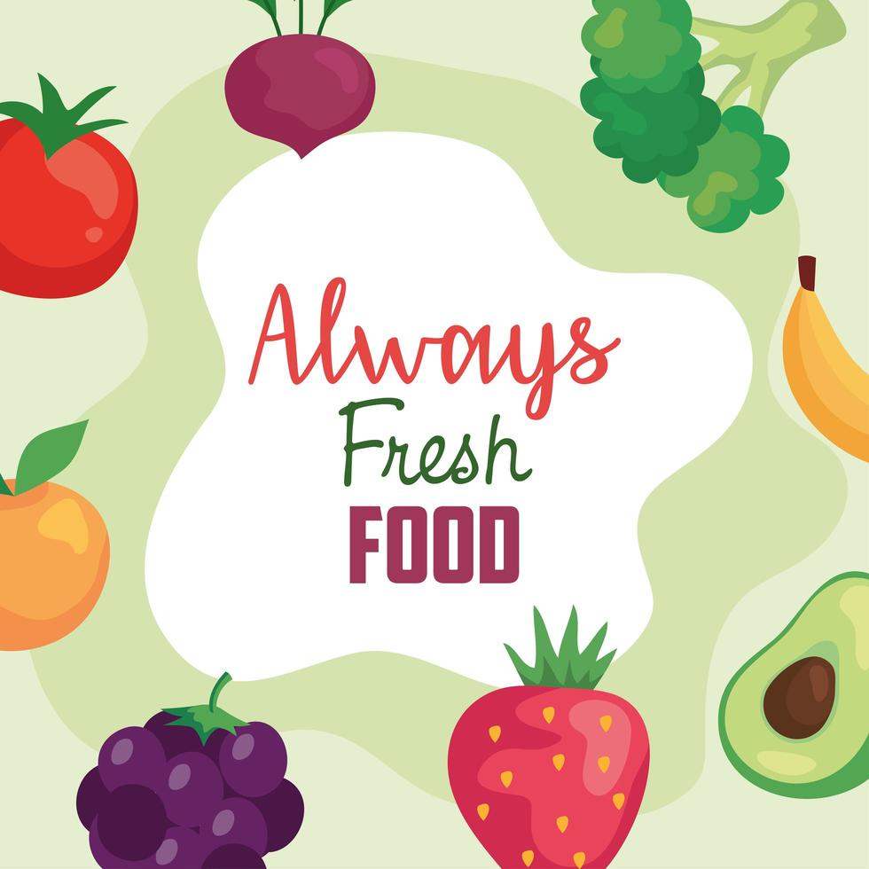 banner sempre alimentos frescos, vegetais e frutas, conceito de alimentos saudáveis vetor