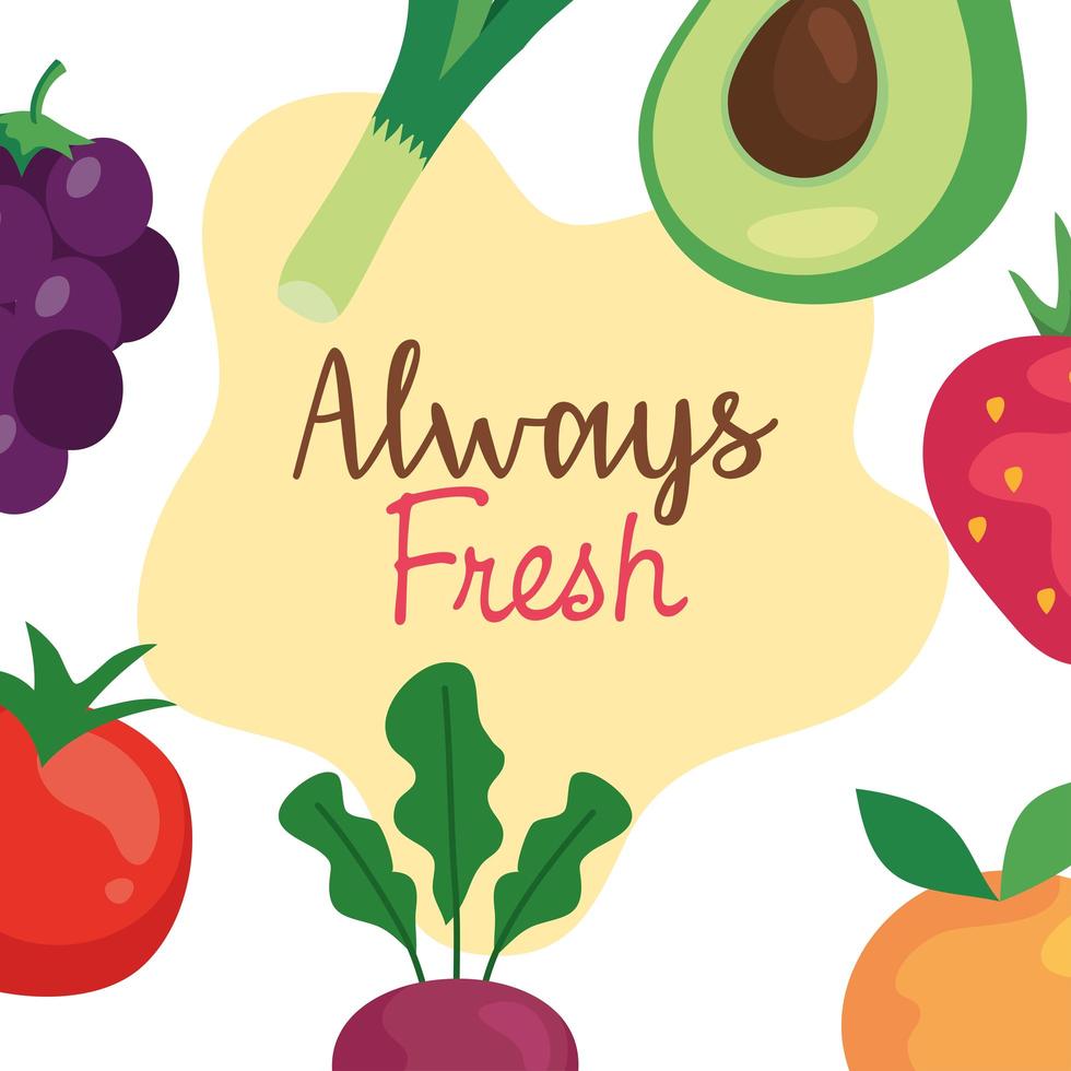 banner frutas e vegetais sempre frescos, conceito de comida saudável vetor