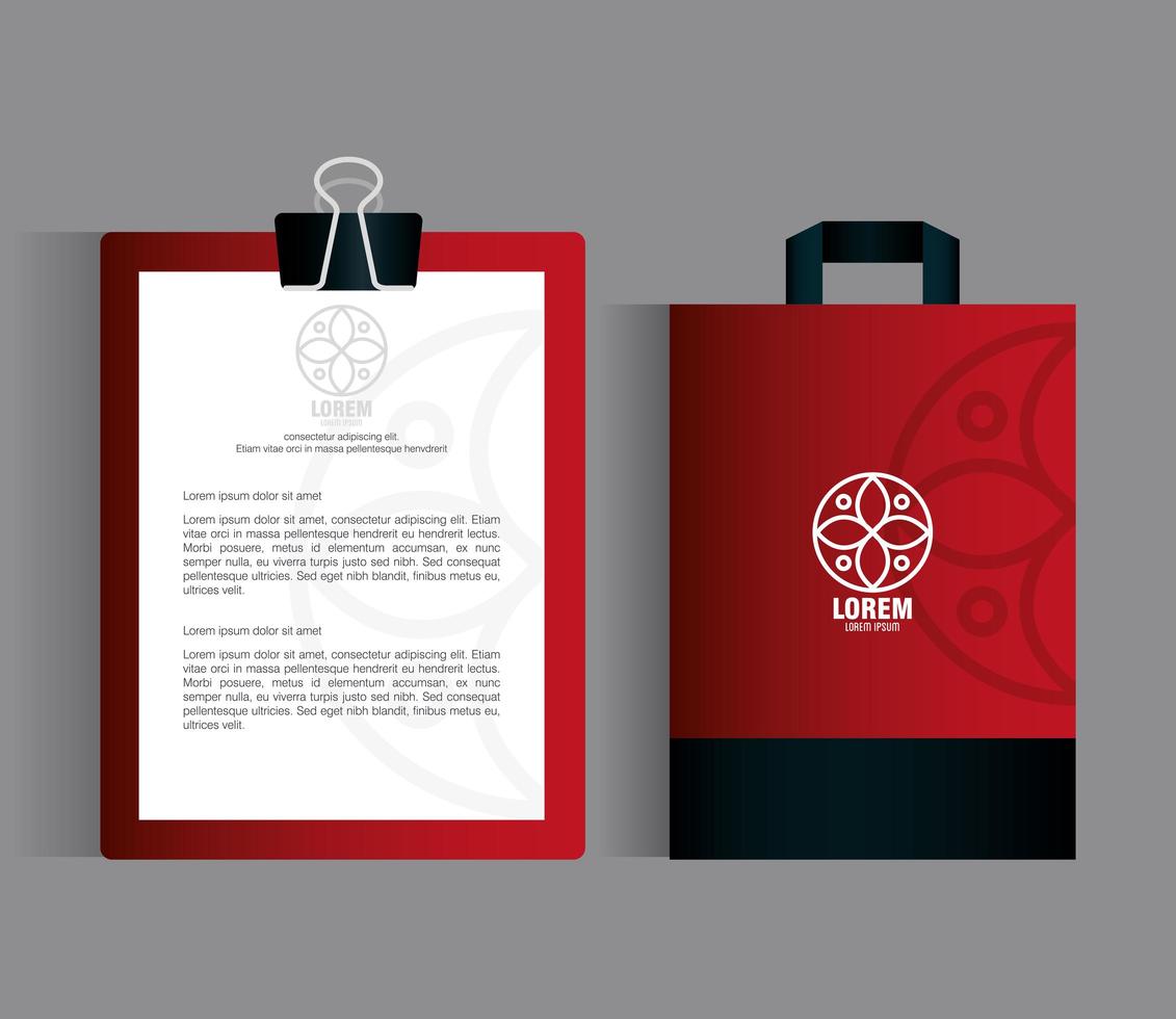 maquete de marca de identidade corporativa, prancheta e saco de papel de maquete vermelha com placa branca vetor