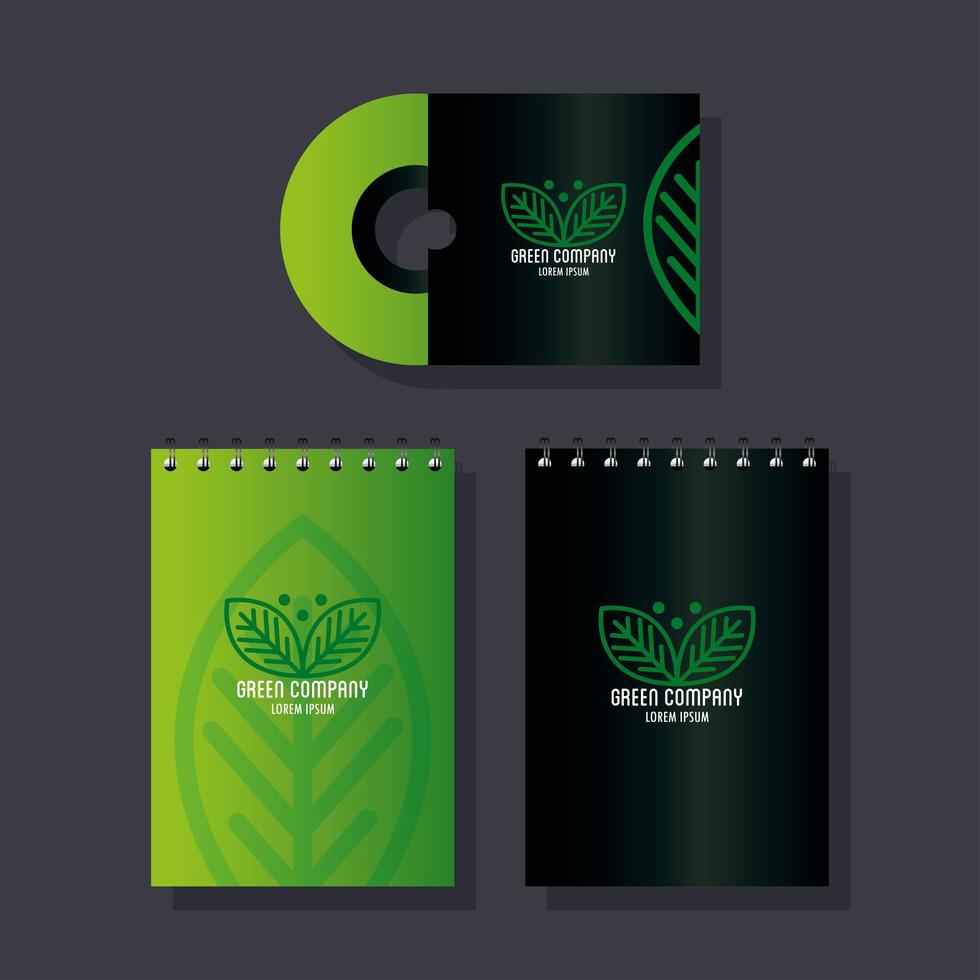maquete de marca de identidade corporativa, notebooks e maquete de cd verde, sinal verde da empresa vetor