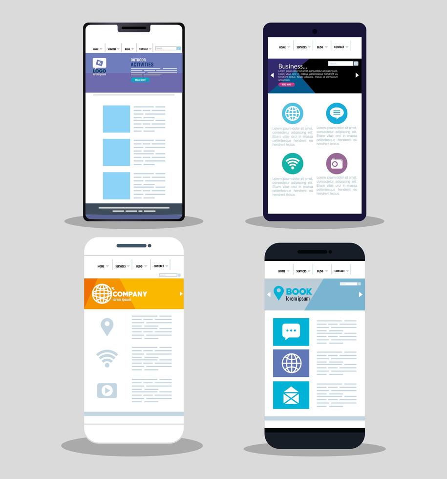 mockup responsive web, conceito de desenvolvimento de sites em diferentes smartphones vetor