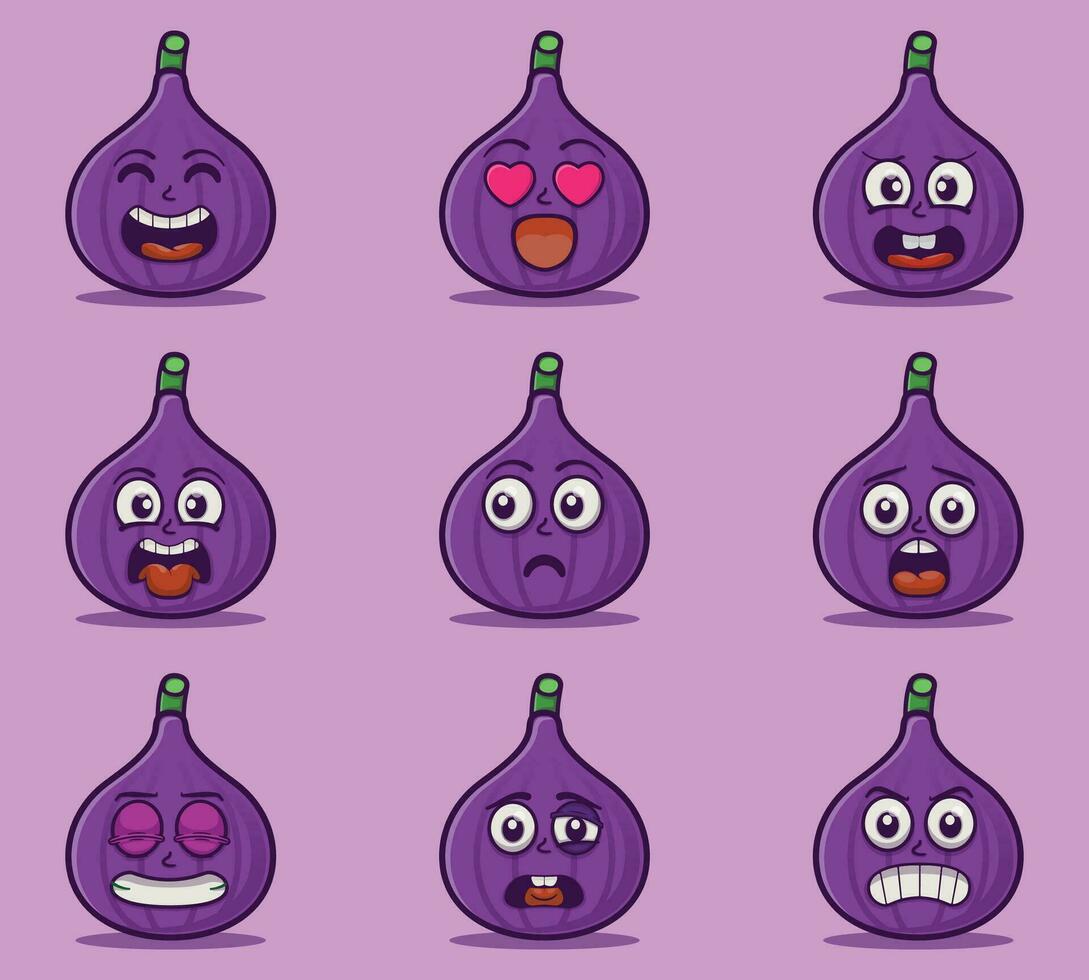 fofa e kawaii figos fruta emoticon expressão ilustração conjunto vetor