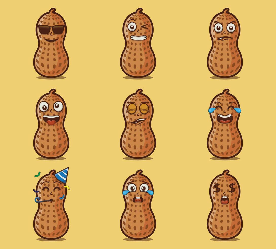 fofa e kawaii amendoim legumes emoticon personagem expressão ilustração conjunto vetor