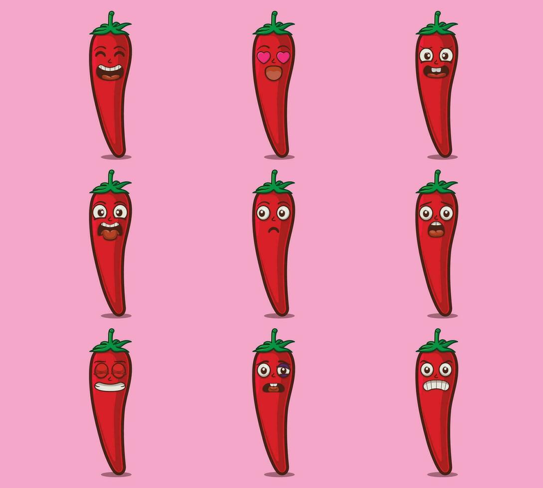 fofa e kawaii Pimenta personagem emoticon expressão ilustração conjunto vetor