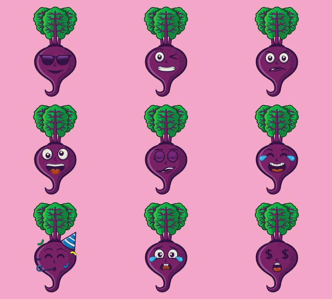 fofa e kawaii beterraba legumes emoticon personagem expressão ilustração conjunto vetor