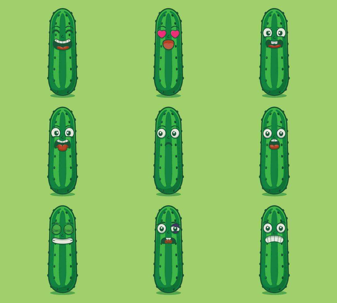 fofa e kawaii pepino emoticon expressão ilustração conjunto vetor