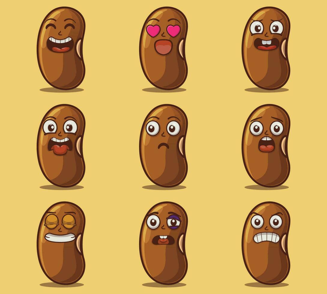 fofa e kawaii feijão personagem emoticon expressão ilustração conjunto vetor