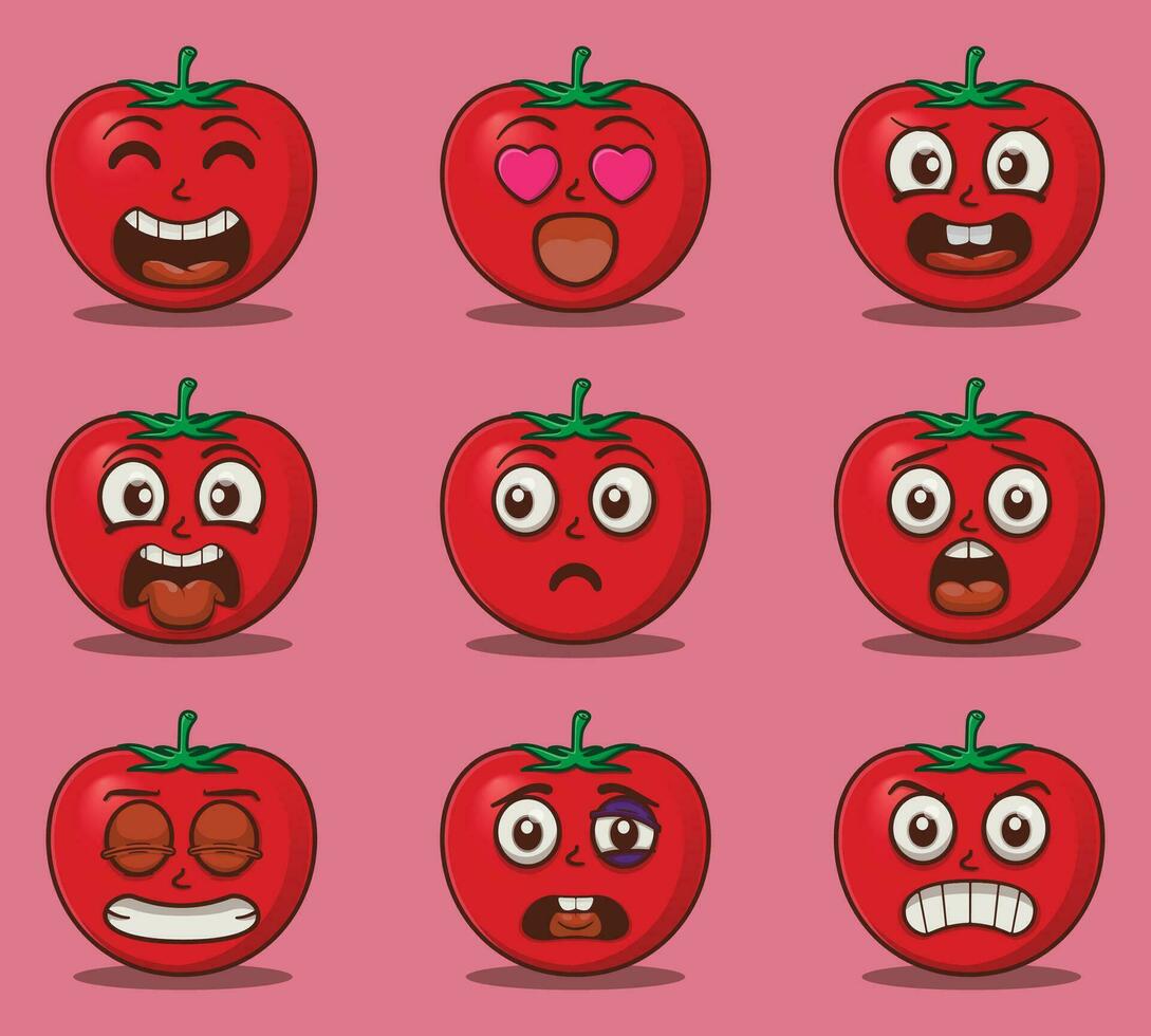 vetor fofa tomates emoticon expressões conjunto