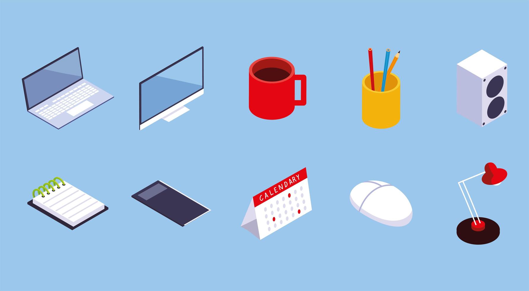 ícones de espaço de trabalho de escritório, computador, laptop, calendário, lápis e lâmpada vetor