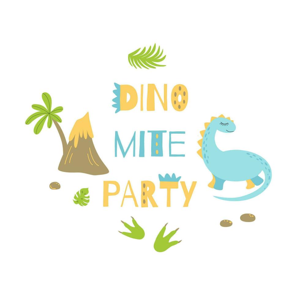 dino festa convite cartão ou poster com texto. fofa dinossauro dentro desenho animado crianças estilo. brilhante cores feliz aniversário dinossauro convite modelo. bebê impressão dino. vetor ilustração.