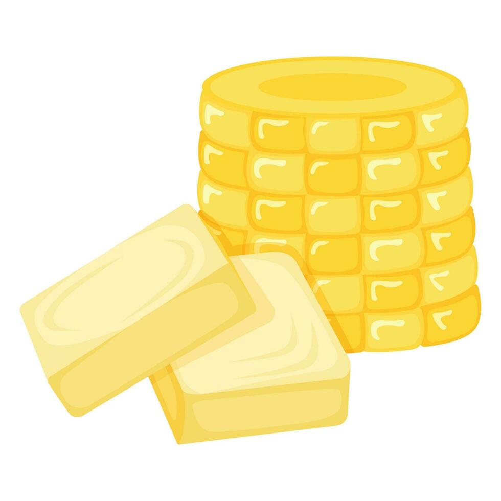 orelha do doce milho com leite produtos natural ingrediente manteiga, Margarina ícone, café da manhã orgânico laticínios desenho animado vetor ilustração, isolado em branco.