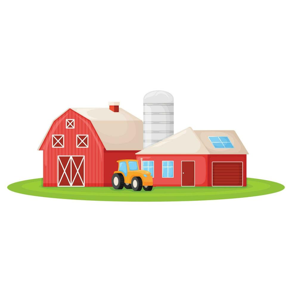 país casa com vermelho celeiro, agricultor trator e celeiro construção em verde Fazenda campo enredo desenho animado vetor ilustração, isolado em branco.