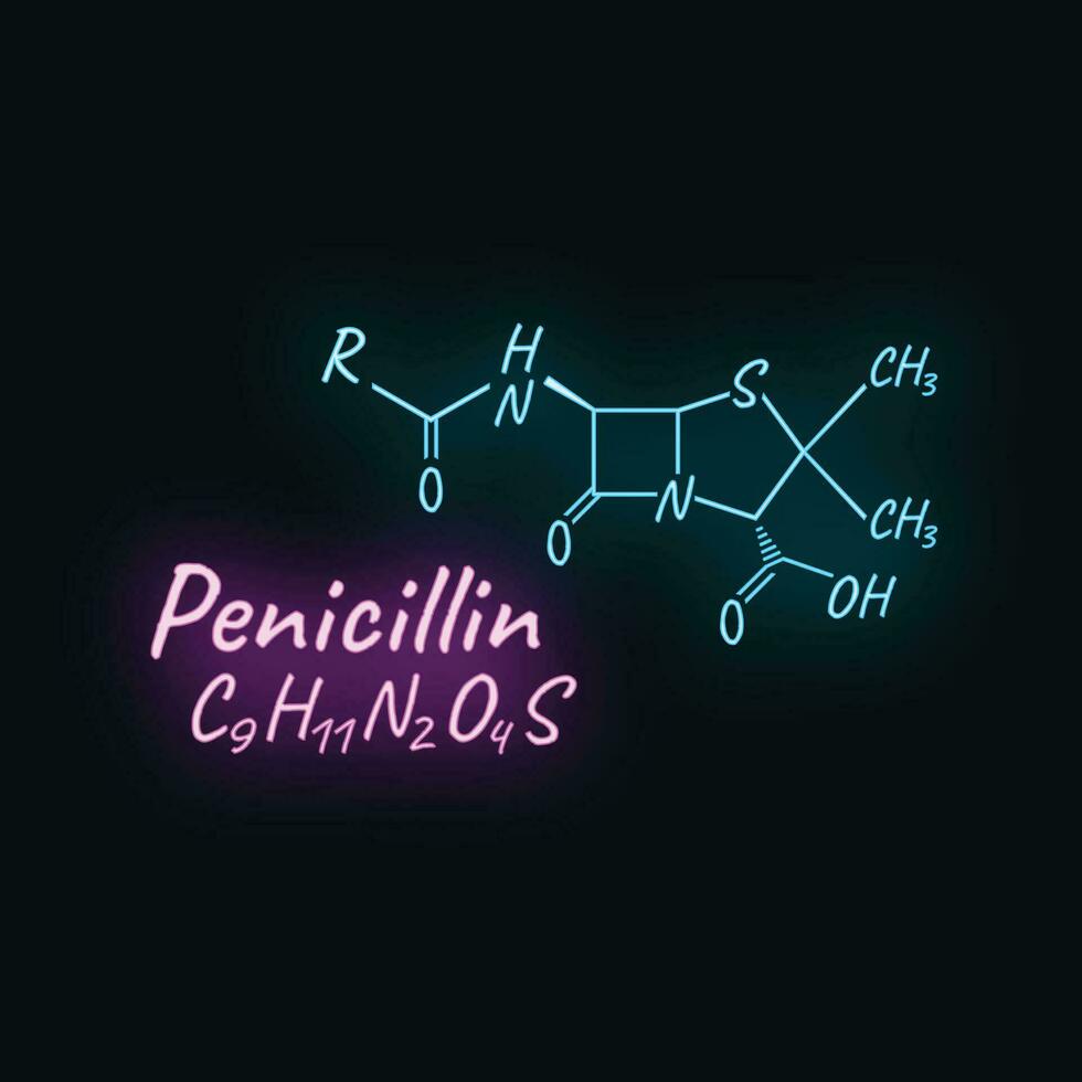 penicilina antibiótico químico Fórmula e composição, conceito estrutural medicamento, isolado em Preto fundo, néon estilo vetor ilustração.