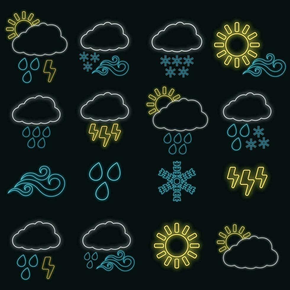 conceito conjunto do 16 clima rede ícone brilho néon estilo, vários clima condição esboço plano vetor ilustração, isolado em Preto.