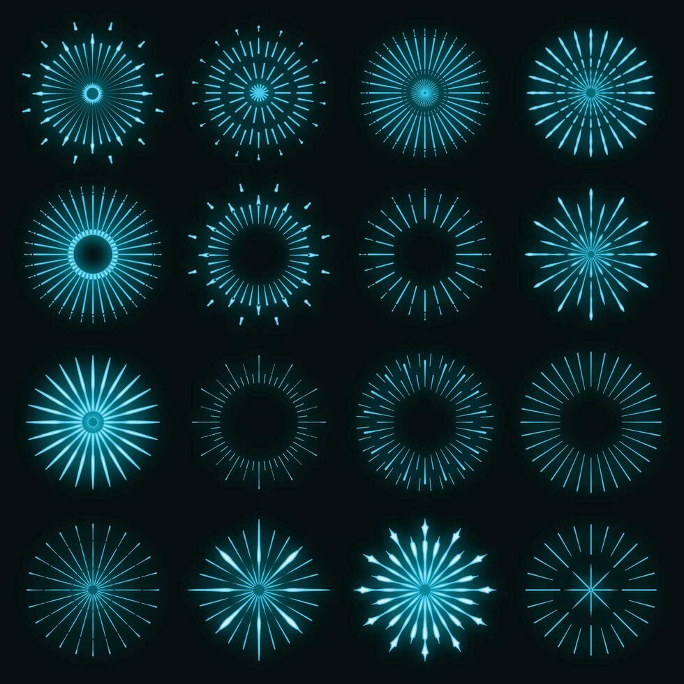 retro conjunto do luz reluzente néon estilo brilho geométrico forma, vintage raios luz solar explosão ícone conceito vetor ilustração, isolado em Preto muro.
